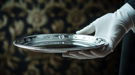 Waiter holding a silver tray in his handsの素材