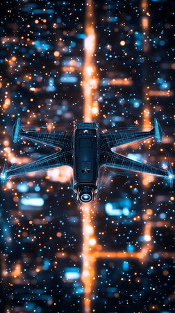 Futuristic drone with wireframe wing design floats amid bokeh lights and dark backdrop. Detailed structure with technological aesthetic.の素材