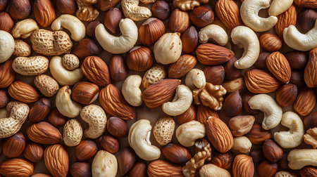 Close-up overhead view showcases a mixture of raw nuts including almonds, cashews, hazelnuts, peanuts, and walnuts. These scattered nuts highlight natural textures and earthy tones.の素材