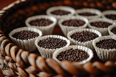 A rustic, close-up shot showcases mini chocolate sprinkles in neat rows within white paper cups, arranged in a textured, woven basket. Selective focus highlights the delicate dessert sweets.の素材