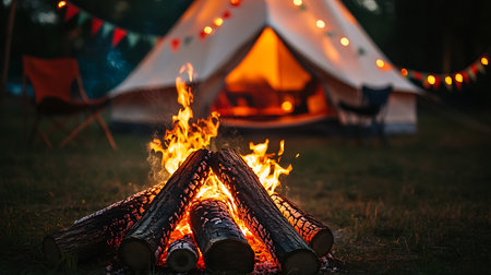 Rustic bonfire featuring crackling flames with logs stacked in front of a white tent with lights and pennants creates an atmosphere of campout fun and adventure.の素材
