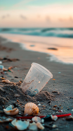 Low-angle view capturing a discarded transparent plastic cup partially buried in the sand alongside broken shells and other trash near the ocean's edge, promoting environmental awareness.の素材