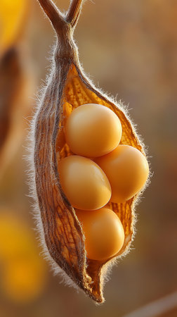 A close-up captures a dried soybean pod, its textured surface revealing golden seeds within. Highlights autumn's harvest, perfect for agriculture and healthy food themes.の素材