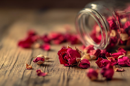 Close-up shot of dried crimson rose petals scattered from a tipped glass jar on a rustic wooden surface, providing a warm, vintage, and romantic aesthetic.の素材
