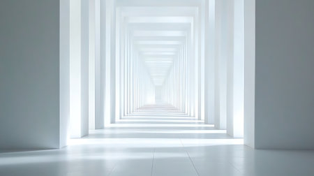 Abstract perspective featuring a long, symmetrical corridor defined by evenly spaced white columns, converging towards a bright, ethereal vanishing point, ideal for minimalist designs.の素材