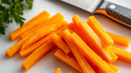 Close-up view of vibrant orange carrot sticks on a white cutting board next to green parsley with a sharp kitchen knife, ideal for healthy eating or cooking visuals.の素材