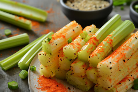 Close-up presents fresh celery sticks arranged on rustic plate, seasoned with orange spice, enhanced by green onion garnish, a healthy and vibrant food still life.の素材