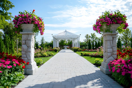 Stone pathway flanked by flower filled stone pillars guides the eye toward an elegant gazebo in a meticulously landscaped garden under a blue sky.の素材