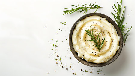 Mashed potatoes with spices and herbs in bowl on white backgroundの素材