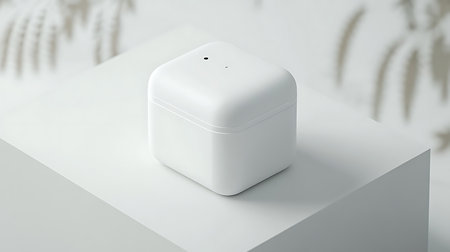 Features a minimalist white box with rounded edges, softly lit on a white surface, accented by subtle leaf shadows, emphasizing its simple form.の素材