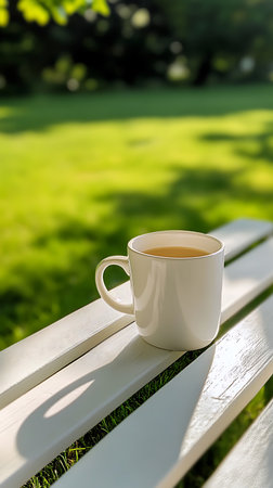 Close-up of a white mug containing tea, resting on a white wooden bench, in a park filled with greenery and bright, dappled sunlight.の素材