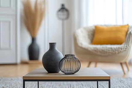 A cozy living room scene showcases modern interior design elements. A gray ceramic vase sits next to a black metal geometric lantern on a wooden coffee table, soft decor.の素材