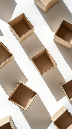 An overhead, full frame shot displaying multiple open, empty cardboard boxes arranged diagonally across a clean white surface. Harsh sunlight casts strong, well-defined shadows behind them.の素材