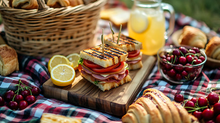 A close-up captures a vibrant picnic setting with grilled sandwiches on a wooden board, accompanied by fresh lemonade, assorted croissants in a basket, and a bowl of ripe cherries, all set on a colorful plaid blanket.の素材