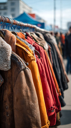 Close-up displays a colorful row of vintage winter coats and jackets, including leather and corduroy, hanging neatly on a metal rack. The outdoor fair setting evokes a sense of nostalgia.の素材