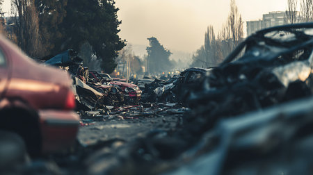 Captures the scene of destruction from a multivehicle crash, displaying roadside remains of cars, smoke, and debris scattered. The urban environment adds context to the scene.の素材