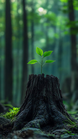 Fresh vibrant sprout, growing on a decaying, aged stump inside a shadowy woodland. The new growth is a striking symbol of hope and a sustainable future.の素材