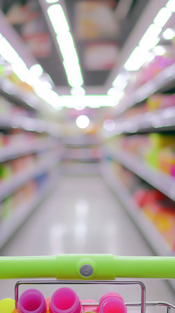 Captures a first person view from a shopping cart navigating a blurred supermarket aisle. The focus is on the cart's contents and handle, with the shelves beyond.の素材