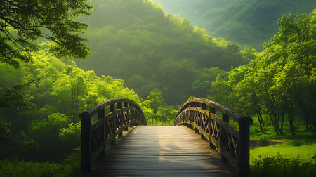 Features a wooden footbridge amidst a vibrant green forest, evoking tranquility and natural beauty. A peaceful path leads through the serene landscape.の素材