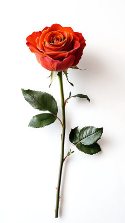 Features a single stem red rose, detailed with green leaves, set against a crisp, clean white background, offering a close up view that accentuates its beauty.の素材