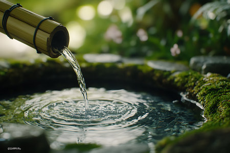 Soft sunlight illuminates a bamboo water feature with clear water pouring into a stone basin covered with moss. The ripples create a calm, zen-like scene.の素材