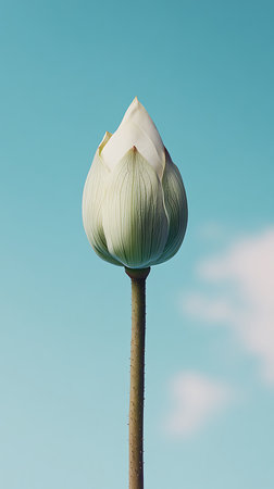 An elegant close up captures the delicate details of a lotus bud against a clear turquoise sky. The photo emphasizes its smooth, light green petals and textured stem.の素材