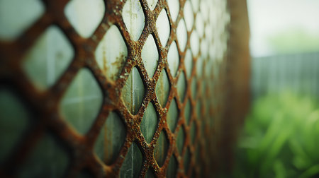 Up-close perspective of a rusted metal diamond mesh with a green blurred background showcasing corrosion, texture, and design. Perfect for background usage, website design, and illustrations.の素材