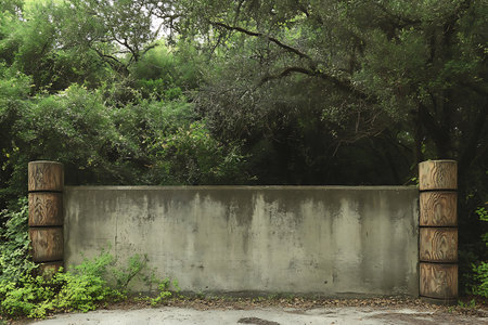 A tranquil scene showcasing a concrete wall with weathered texture, flanked by unique wooden pillars and nestled amongst vibrant green trees, creating a serene atmosphere.の素材