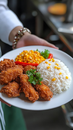 A server in a white coat presents a delicious plate of crispy fried chicken, accompanied by white rice with corn, plus kernel corn and red pepper.の素材