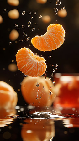 Vivid studio shot of vibrant orange mandarin segments in dynamic mid-air with splashing water droplets against a dark, sleek background.の素材