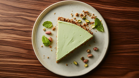 Overhead shot of a slice of pistachio pie on a speckled plate, garnished with fresh mint leaves and pistachio nuts. The pie has a crumb crust and smooth light-green filling.の素材