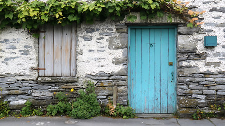 A charming view of a weathered stone house featuring a turquoise wooden door and shutter, showcasing climbing vines and rustic details of aged architectural elements.の素材