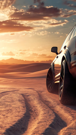 Features a sleek car in a desert landscape. The vehicle cuts through sandy dunes during a sunset, capturing adventure and automotive elegance.の素材