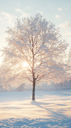 A beautiful winter landscape featuring a single tree covered in snow, sunlight shining through the branches, and frost on the ground, capturing a serene outdoor scene.の素材