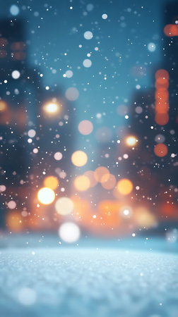 A calming, soft focus image showing a gentle snowfall with white snow falling against a blurred cityscape backdrop. Orange and yellow bokeh lights add warmth.の素材