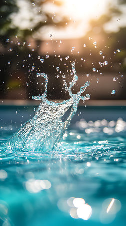 Close-up capture shows splashing clear water with drops and ripples, reflecting the sunlight in a bright blue swimming pool setting.の素材