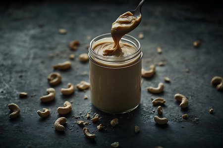 Smooth cashew butter pours from a spoon into a glass jar, surrounded by scattered nuts on a textured dark gray backdrop showcasing a delicious nut butter spread.の素材