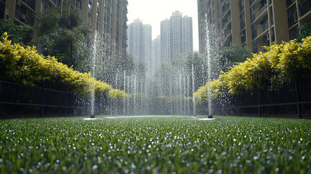 Showcasing water sprinklers irrigating grass amidst yellow trees and buildings. An urban scene of lush greenery and water conservation.の素材