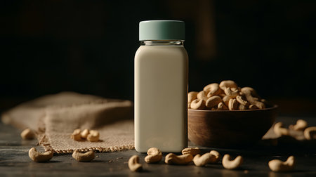 An eye-level shot showcases a square bottle filled with creamy milk and capped with a light green lid. Cashews in a wood bowl sit beside the bottle on a burlap surface.の素材