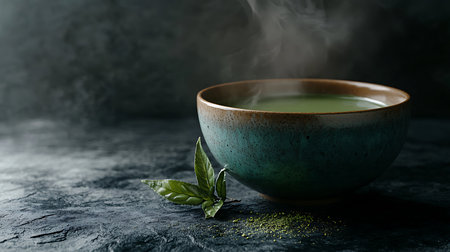 Eye-level shot displaying a rustic bowl filled with a steaming green beverage, complemented by a green leaf, on a textured dark surface against a blurred background.の素材