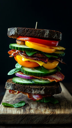 Close up depicts a towering sandwich built with dark rye bread, layering bacon, cheese, spinach, sliced peppers, cucumbers, and red onion on a rustic wooden surface against dark backdrop.の素材