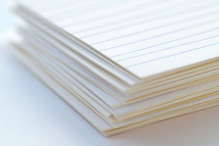 A tight, angled close-up shows the edges and ruled lines of a stack of white, lined paper. The focus is soft creating an abstract feel to the image.の素材