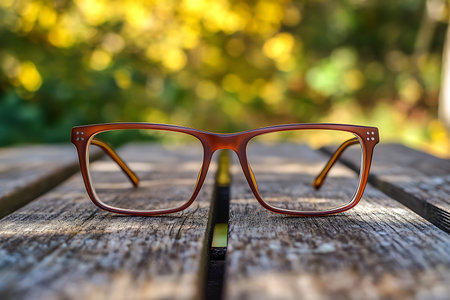 Featured are stylish brown glasses sitting on rough wooden planks, their details highlighted against a soft, sunny, out of focus background, enhancing the visual appeal.の素材