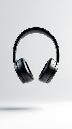 Features sleek, all-black headphones suspended mid-air against a pristine white backdrop, creating a striking visual focus on modern audio technology.の素材