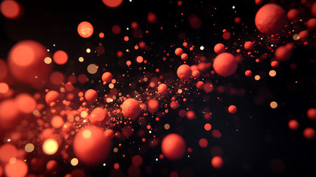 Captivating abstract image showcasing red orbs in various sizes, accompanied by shimmering, golden particles that blend together into a mesmerizing cosmic display against a dark background.の素材
