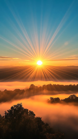 Captivating scenic view featuring a bright sun rising over a lush, tree-filled landscape, with a layer of thick orange fog blanketing the ground, creating a dreamy atmosphere.の素材