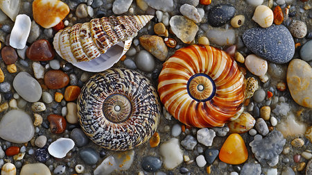 Seashells display intricate patterns and colors, including brown, white, and orange, contrasting with grey, tan, and white pebbles, all set against coarse beach sand.の素材
