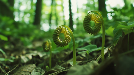 Captivating close-up reveals three spiraled fern fronds, displaying vibrant green hues, emerging from a verdant forest bed with soft, blurred background foliage. Focus on circular leaf details.の素材