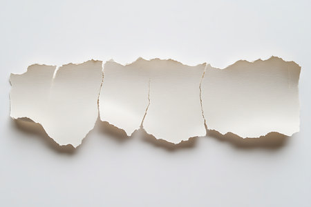 Macro photograph displaying a torn piece of textured, white paper, separated into three distinct scraps, set against a clean, neutral background; ideal for abstract concepts.の素材