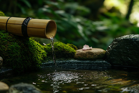 A serene scene of fresh water flowing from a bamboo spout into a pool, surrounded by mossy rocks and a delicate flower petal in a lush garden environment.の素材